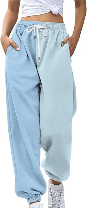 Women Fashion Color Block Pants Trendy Tummy Control Cuffed Trouser Street Hip Hop Palazzo Athletic Casual Sweatpants