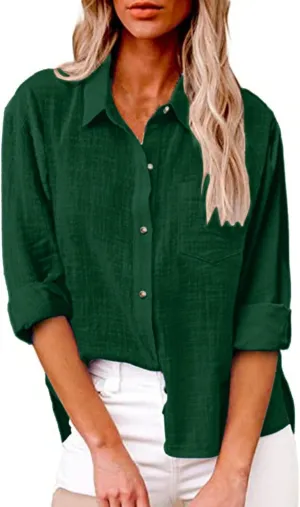 Women Linen Button Down Shirt Gauze Cotton Dress Shirt Long Sleeve Oversized Friend Solid Tunic Tops