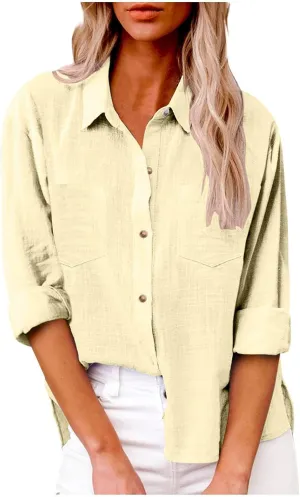 Women Linen Button Down Shirt Gauze Cotton Dress Shirt Long Sleeve Oversized Friend Solid Tunic Tops