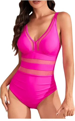 Women Mesh Backless Sexy One Piece Swimsuit Deep V Bodycon Slimming Swimwear Tummy Control Cheeky Bathing Suits