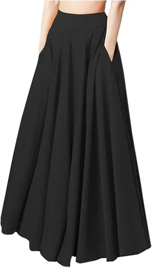 Women Pleated Long Skirts Elegant High Waisted A-Line Skirt Full Ankle Length Flowy Swing Maxi Skirt with Pockets