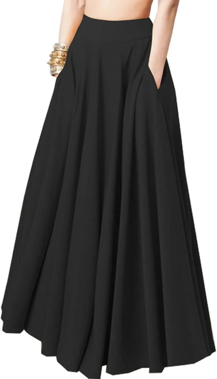 Women Pleated Long Skirts Elegant High Waisted A-Line Skirt Full Ankle Length Flowy Swing Maxi Skirt with Pockets