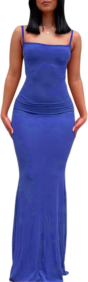 Women Sexy Bodycon Maxi Dress Sleeveless Solid Color Slip Dress Elegant Long Cami Dresses Evening Party