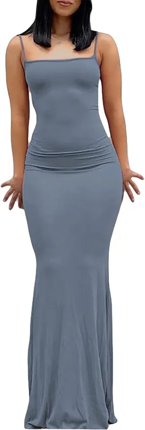 Women Sexy Bodycon Maxi Dress Sleeveless Solid Color Slip Dress Elegant Long Cami Dresses Evening Party
