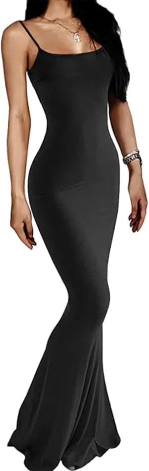 Women Sexy Bodycon Maxi Dress Sleeveless Solid Color Slip Dress Elegant Long Cami Dresses Evening Party