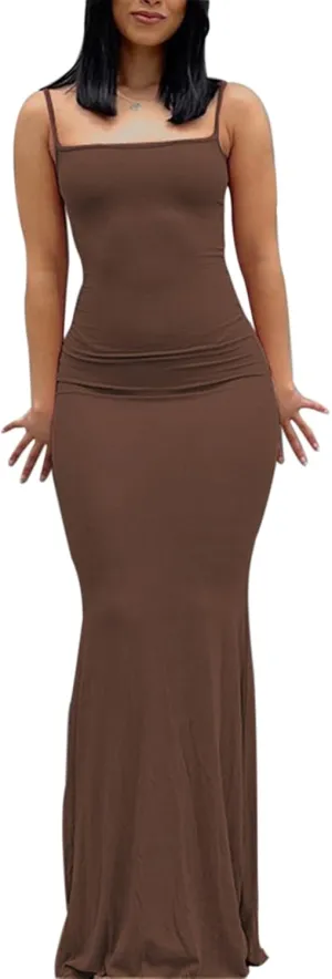 Women Sexy Bodycon Maxi Dress Sleeveless Solid Color Slip Dress Elegant Long Cami Dresses Evening Party