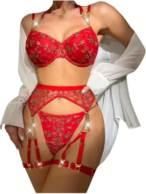 Women Sexy Lingerie Set Floral Embroidered 2 Piece Bra and Panty Sets with Garter Belt Underwire Push Up Underwear Outfits