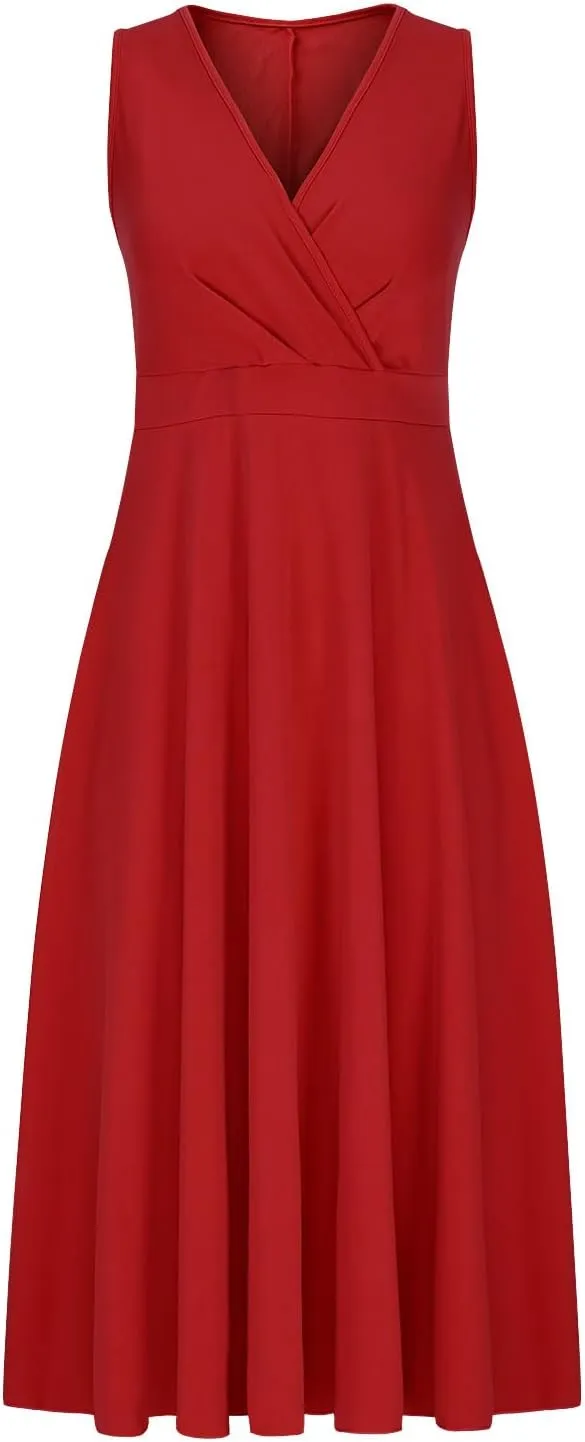 Women Summer A-Line Formal Dress Sleeveless Wrap V Neck Elegant Flared A Line Midi Sundress Club Cocktail Party Dress