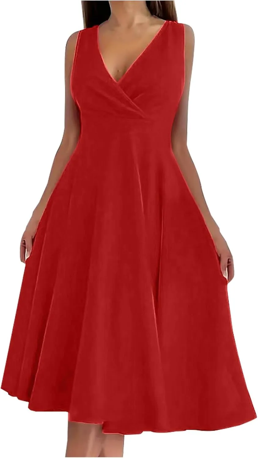 Women Summer A-Line Formal Dress Sleeveless Wrap V Neck Elegant Flared A Line Midi Sundress Club Cocktail Party Dress