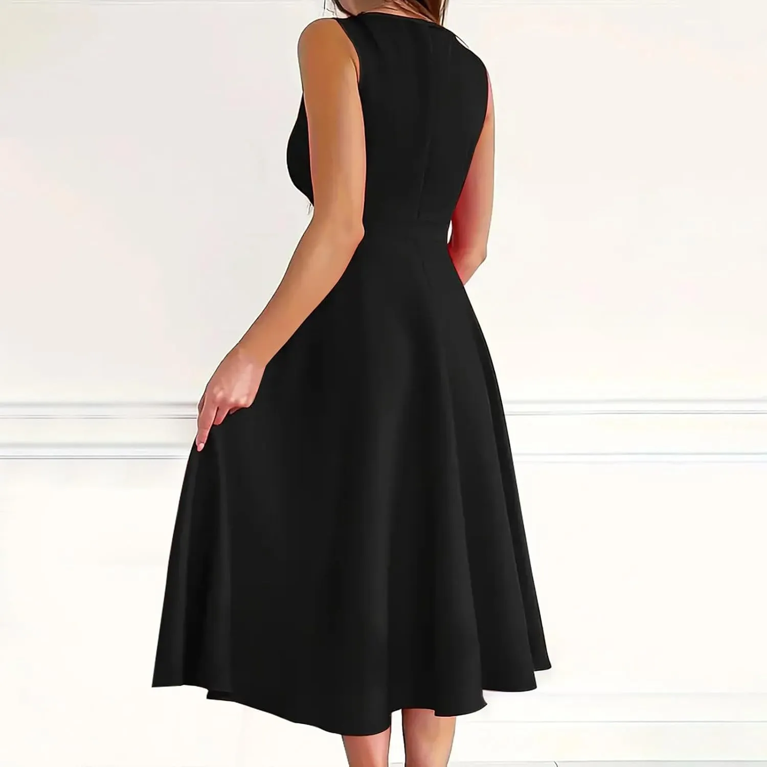 Women Summer A-Line Formal Dress Sleeveless Wrap V Neck Elegant Flared A Line Midi Sundress Club Cocktail Party Dress