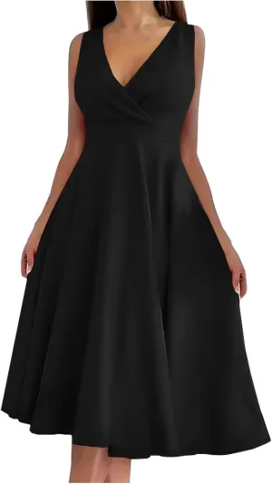 Women Summer A-Line Formal Dress Sleeveless Wrap V Neck Elegant Flared A Line Midi Sundress Club Cocktail Party Dress