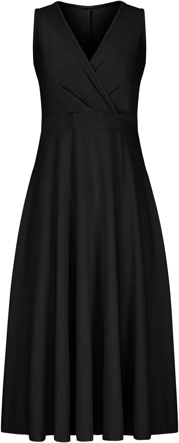 Women Summer A-Line Formal Dress Sleeveless Wrap V Neck Elegant Flared A Line Midi Sundress Club Cocktail Party Dress