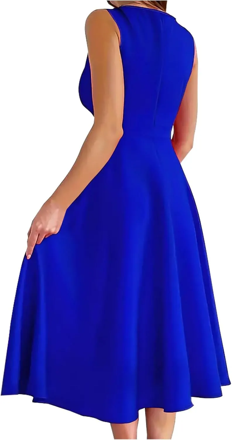 Women Summer A-Line Formal Dress Sleeveless Wrap V Neck Elegant Flared A Line Midi Sundress Club Cocktail Party Dress
