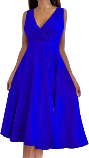 Women Summer A-Line Formal Dress Sleeveless Wrap V Neck Elegant Flared A Line Midi Sundress Club Cocktail Party Dress