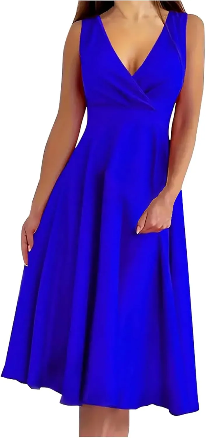 Women Summer A-Line Formal Dress Sleeveless Wrap V Neck Elegant Flared A Line Midi Sundress Club Cocktail Party Dress