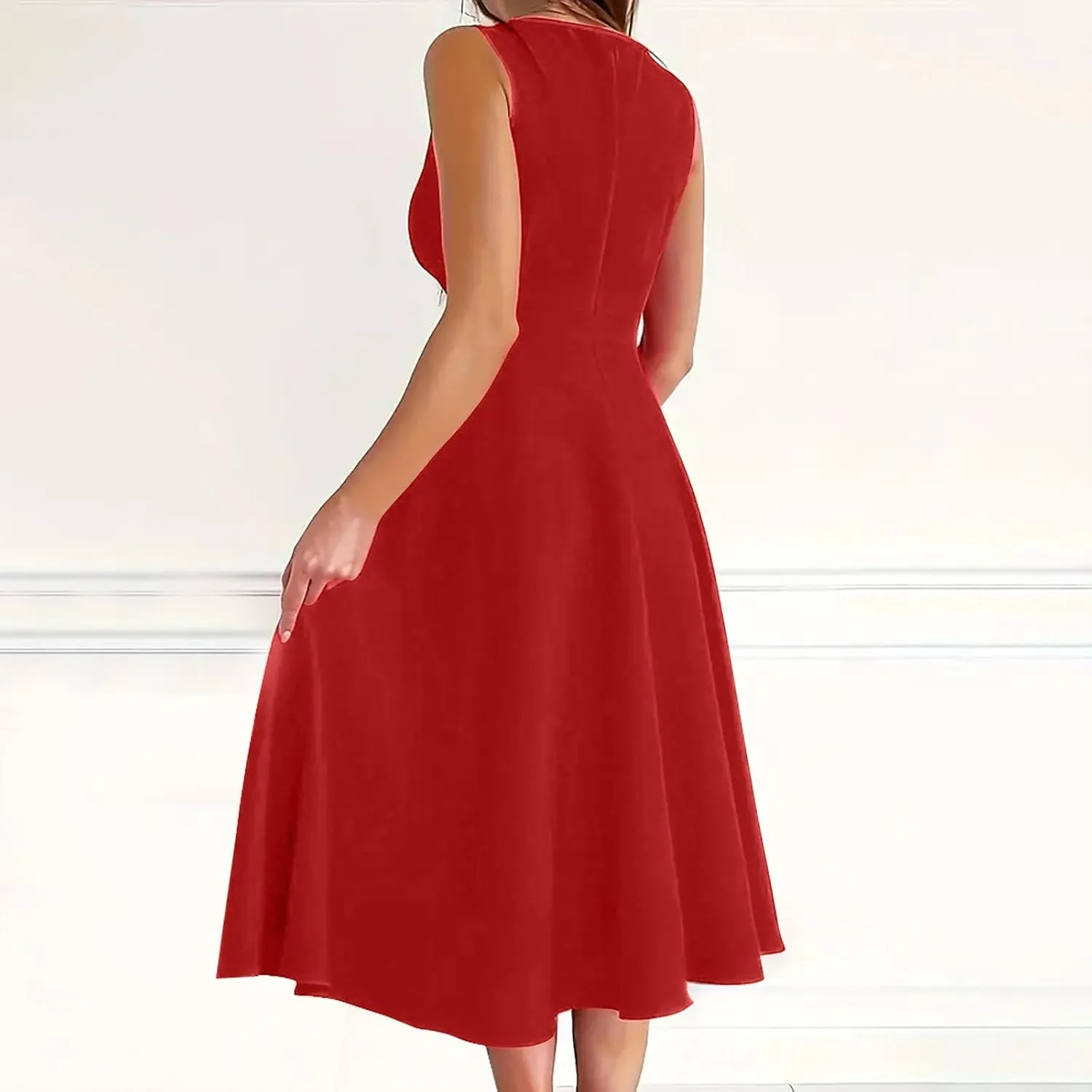 Women Summer A-Line Formal Dress Sleeveless Wrap V Neck Elegant Flared A Line Midi Sundress Club Cocktail Party Dress