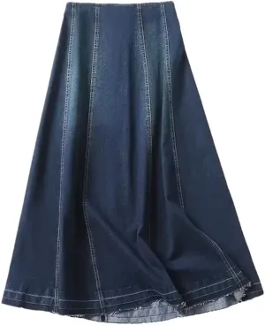 Women Vintage Denim Skirt Long A-Line Zipper Dress Solid Flash Dress