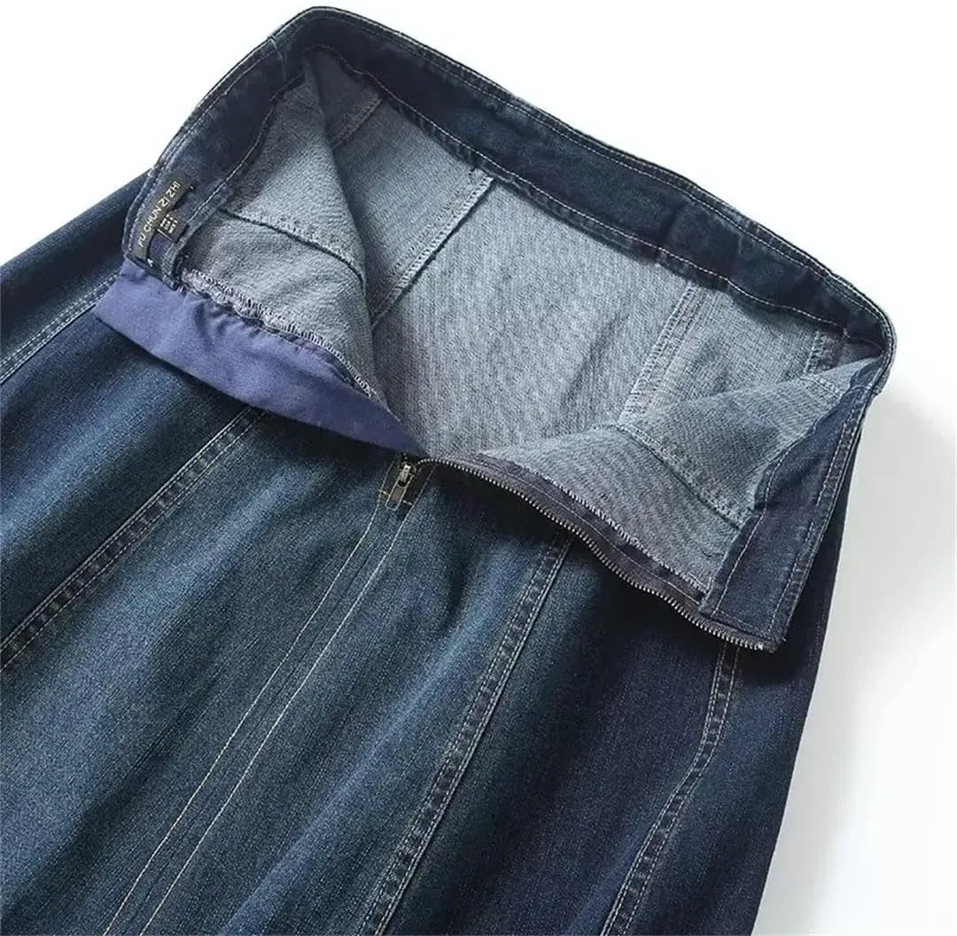 Women Vintage Denim Skirt Long A-Line Zipper Dress Solid Flash Dress