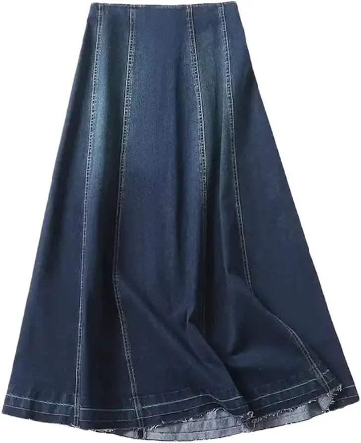 Women Vintage Denim Skirt Long A-Line Zipper Dress Solid Flash Dress