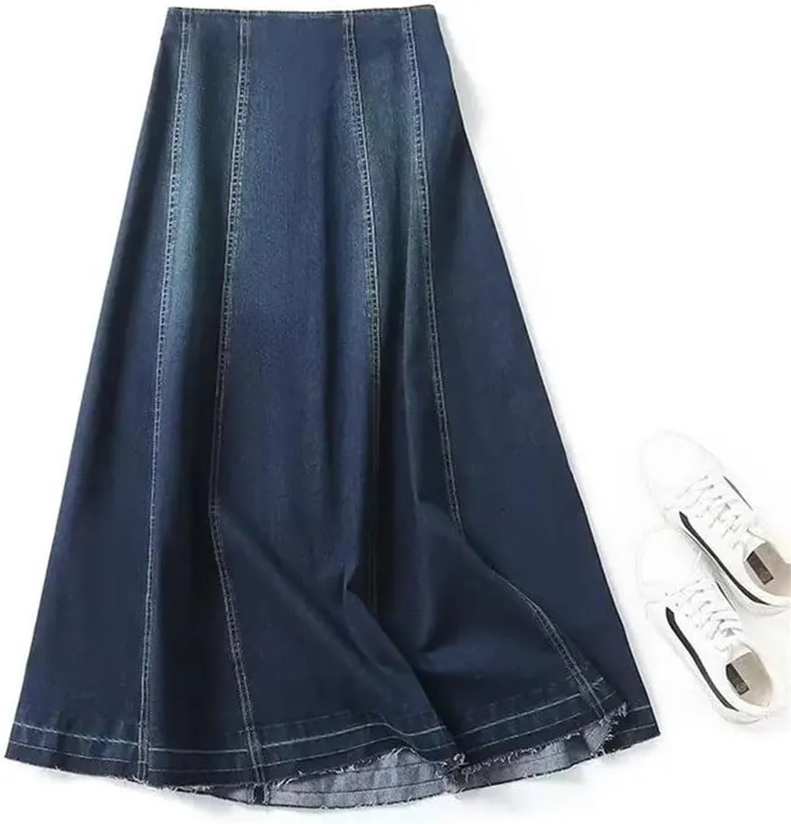 Women Vintage Denim Skirt Long A-Line Zipper Dress Solid Flash Dress