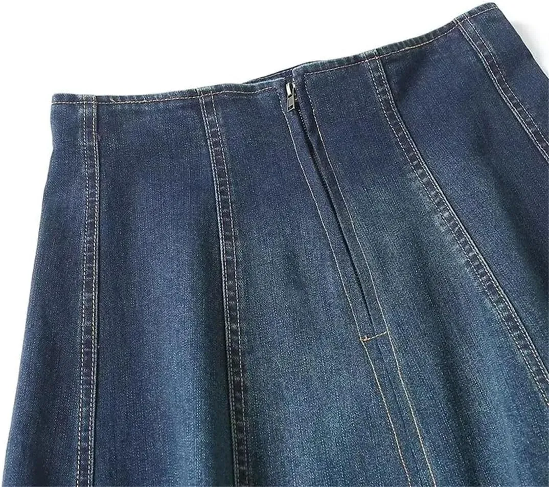 Women Vintage Denim Skirt Long A-Line Zipper Dress Solid Flash Dress