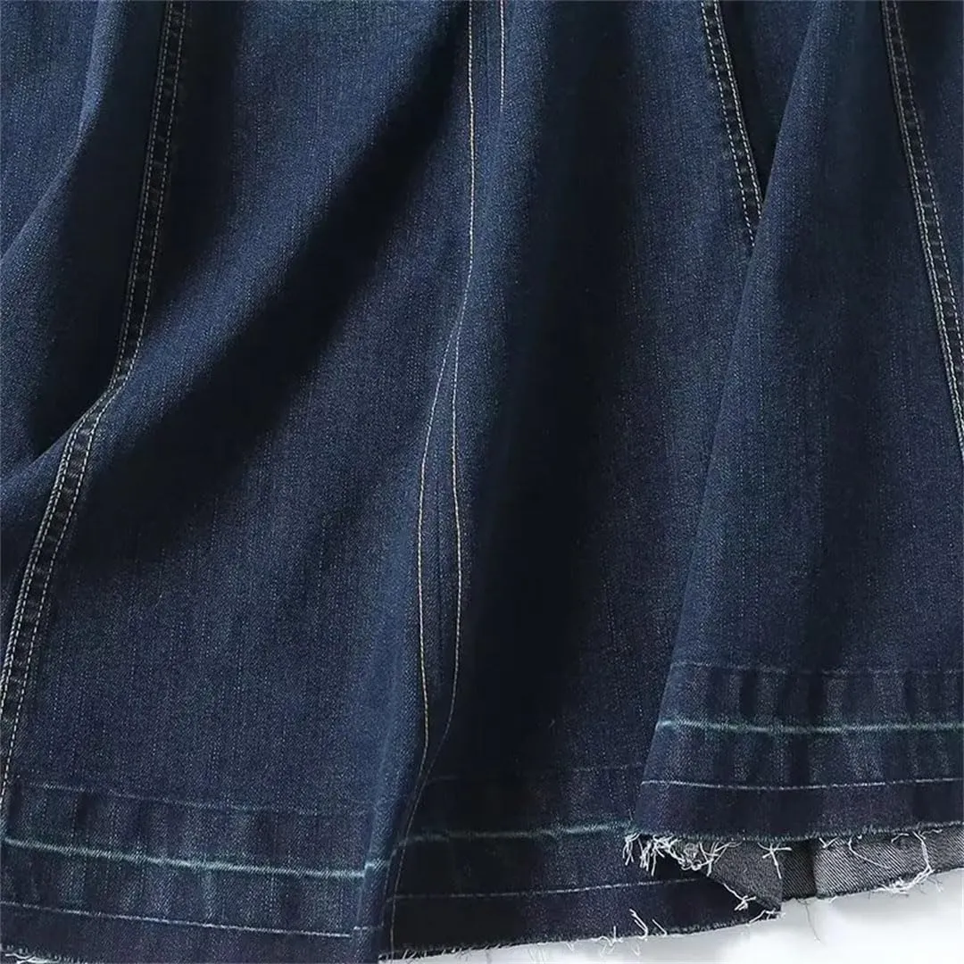 Women Vintage Denim Skirt Long A-Line Zipper Dress Solid Flash Dress