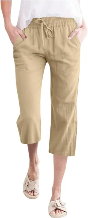 Women Wide Leg Linen Pants Casual Elastic High Waisted Palazzo Pant Long Pull On Trousers with Pocket