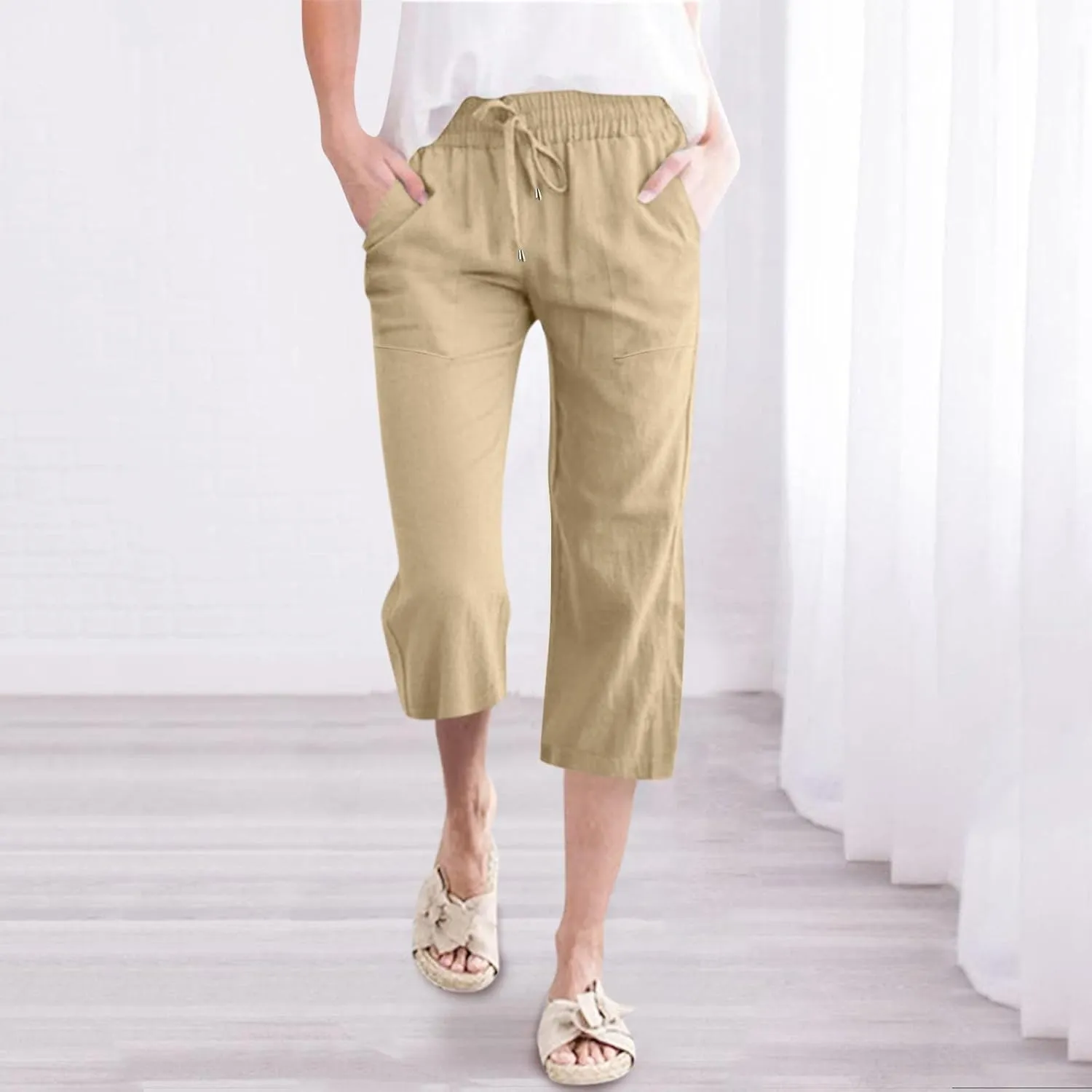Women Wide Leg Linen Pants Casual Elastic High Waisted Palazzo Pant Long Pull On Trousers with Pocket