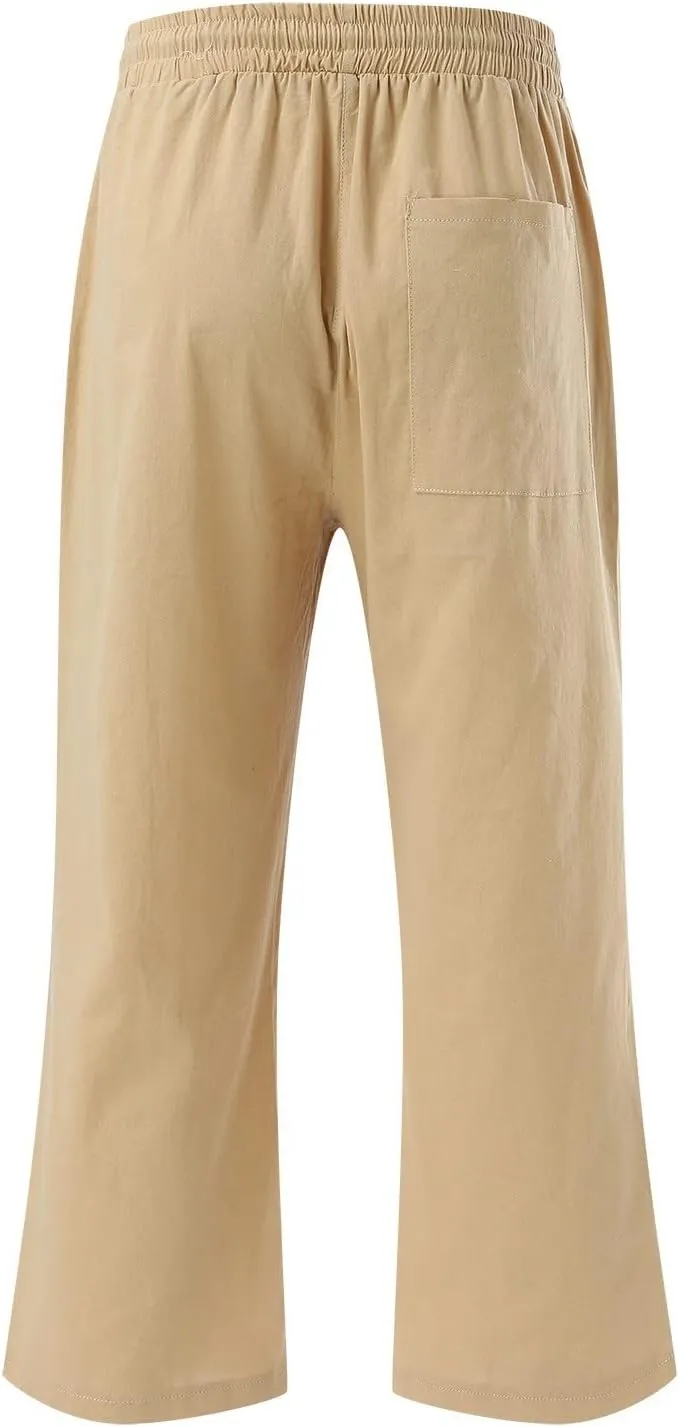 Women Wide Leg Linen Pants Casual Elastic High Waisted Palazzo Pant Long Pull On Trousers with Pocket