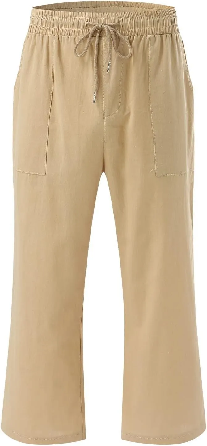 Women Wide Leg Linen Pants Casual Elastic High Waisted Palazzo Pant Long Pull On Trousers with Pocket