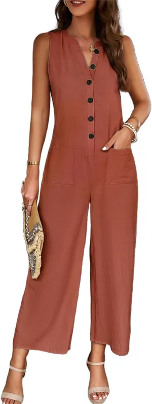 Women Wide Leg One Piece Jumpsuit Sleeveless Loose Baggy Dressy Button Down Romper Casual Summer Outfits with Pocket