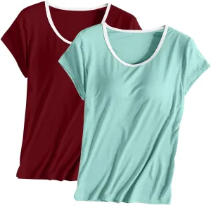 Womens 2 Pack T Shirts with Built in Bra Short Sleeve T-Shirts Modal Padded Pajamas Wireless Bra Tops Yoga Shirts