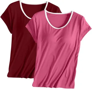 Womens 2 Pack T Shirts with Built in Bra Short Sleeve T-Shirts Modal Padded Pajamas Wireless Bra Tops Yoga Shirts