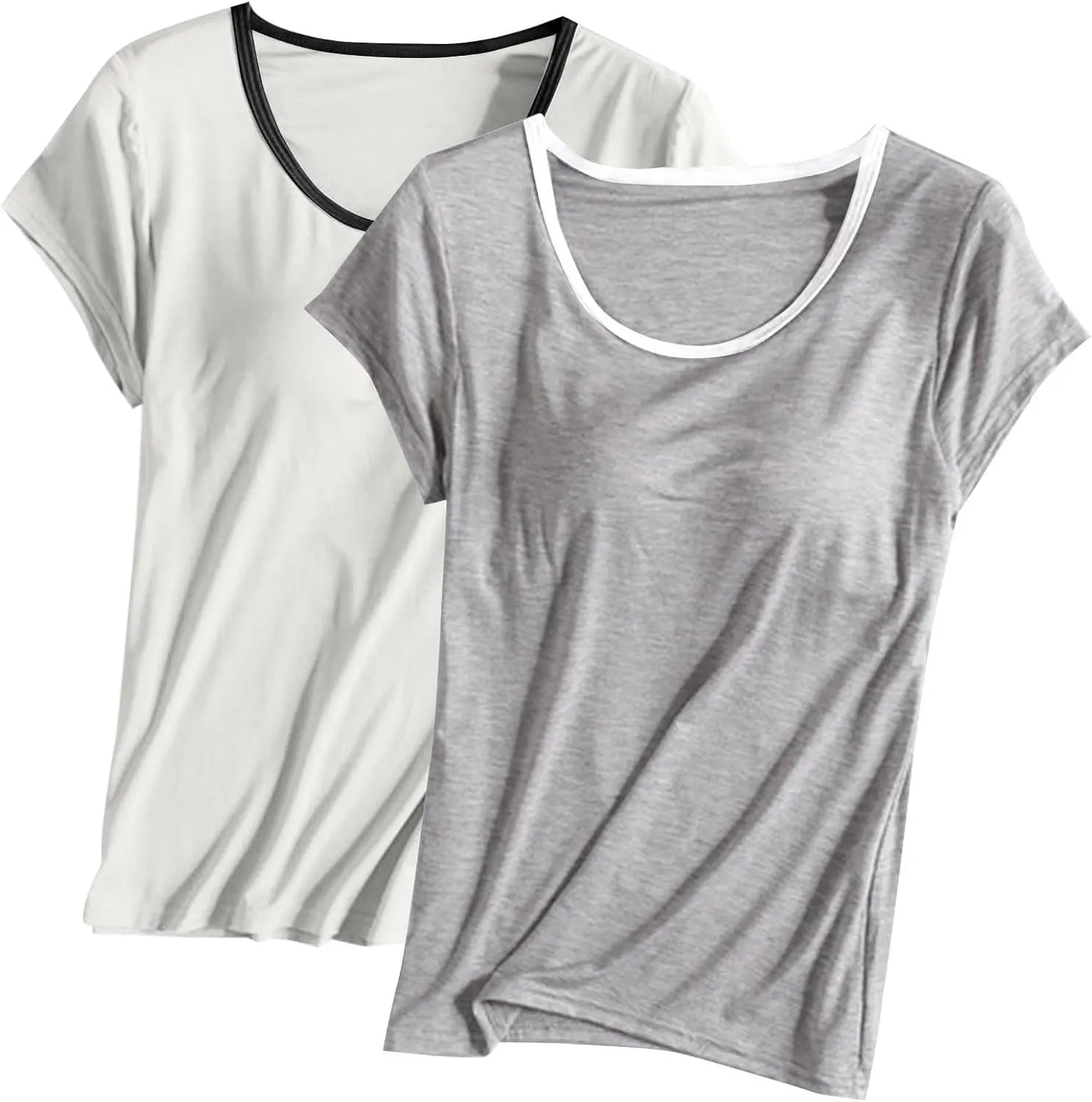 Womens 2 Pack T Shirts with Built in Bra Short Sleeve T-Shirts Modal Padded Pajamas Wireless Bra Tops Yoga Shirts