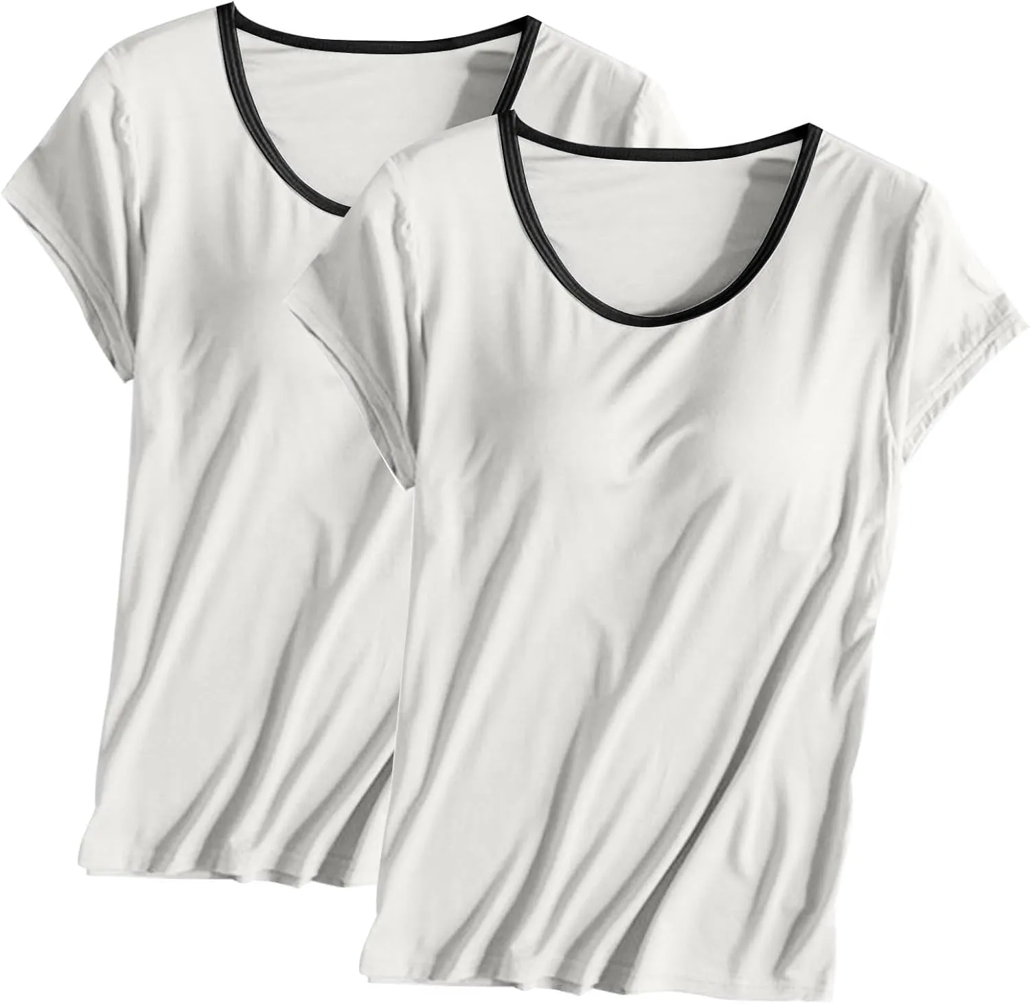 Womens 2 Pack T Shirts with Built in Bra Short Sleeve T-Shirts Modal Padded Pajamas Wireless Bra Tops Yoga Shirts