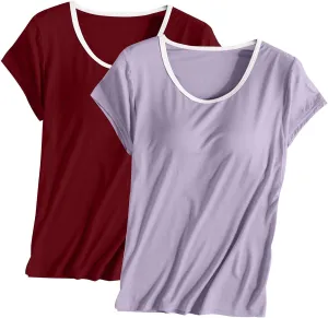 Womens 2 Pack T Shirts with Built in Bra Short Sleeve T-Shirts Modal Padded Pajamas Wireless Bra Tops Yoga Shirts