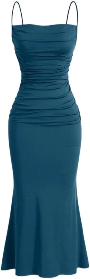 Women's 2024 Summer Cami Slip Midi Long Dress Solid Ruched Hem Cami Dress