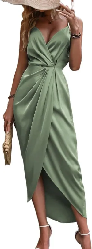 Women's 2024 Summer Cami Slip Midi Long Dress Solid Wrap Hem Satin Cami Dress