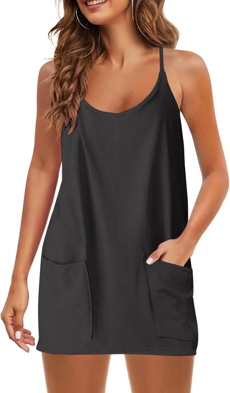 Womens Athletic Mini Dress Summer Romper Dresses Spaghetti Strap Sundress with Built-in Shorts Tennis Workout Rompers