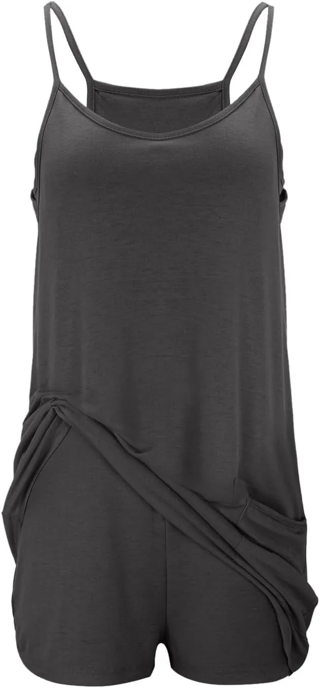 Womens Athletic Mini Dress Summer Romper Dresses Spaghetti Strap Sundress with Built-in Shorts Tennis Workout Rompers