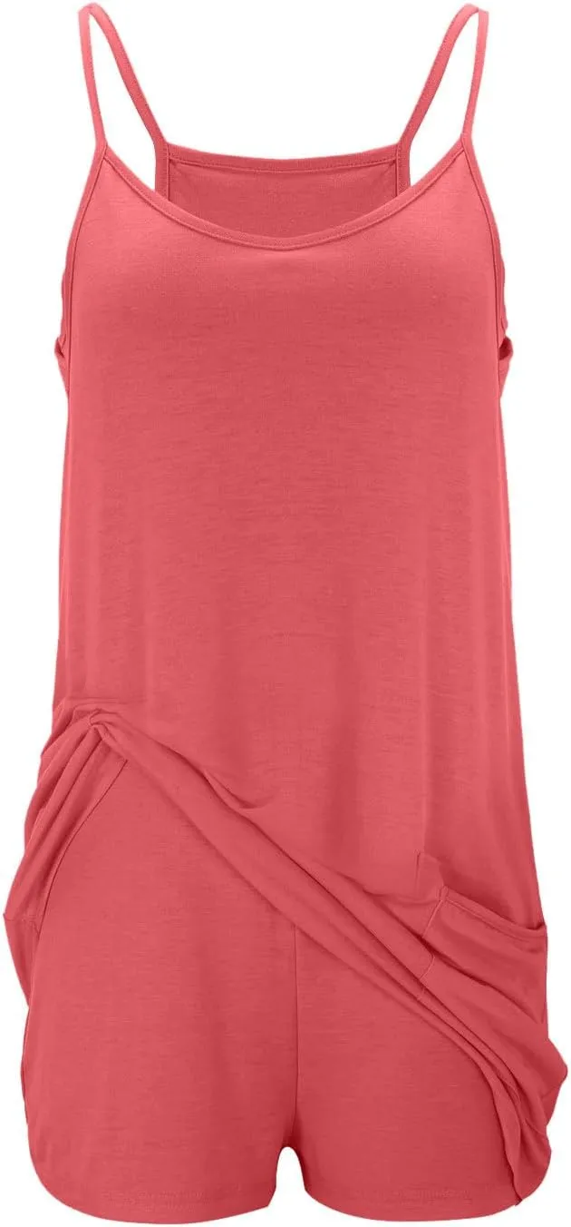 Womens Athletic Mini Dress Summer Romper Dresses Spaghetti Strap Sundress with Built-in Shorts Tennis Workout Rompers