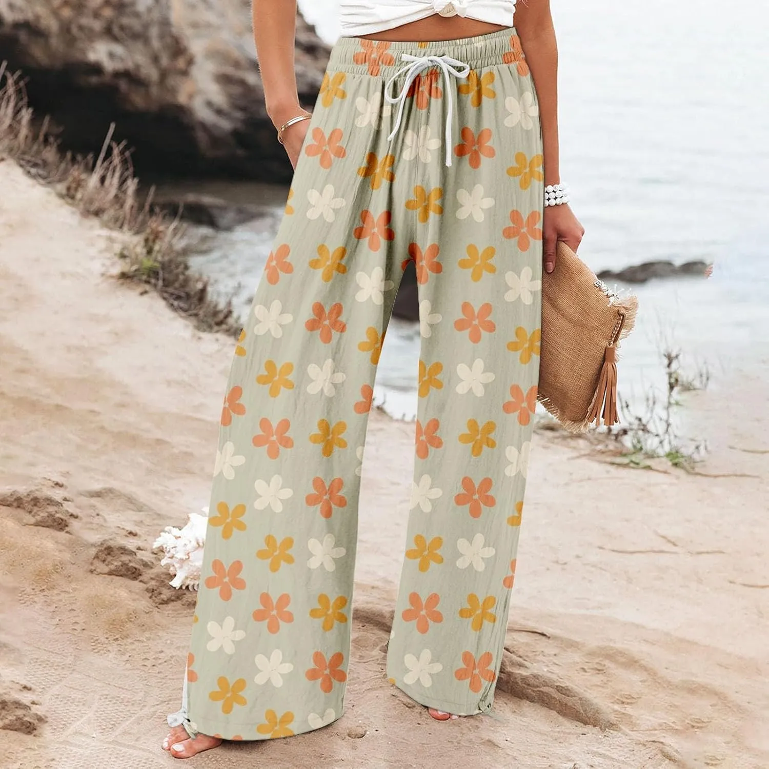 Women's Boho Tropical Print Wide Leg Pants Womens Cotton Casual Loose Pants Comfy Work Pants with Pockets Elastic