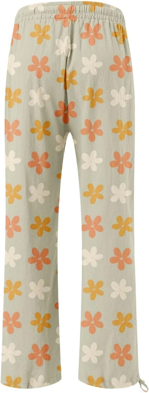 Women's Boho Tropical Print Wide Leg Pants Womens Cotton Casual Loose Pants Comfy Work Pants with Pockets Elastic