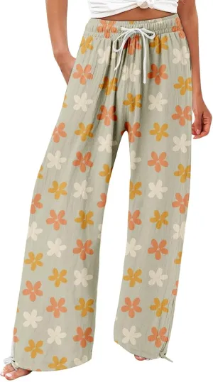 Women's Boho Tropical Print Wide Leg Pants Womens Cotton Casual Loose Pants Comfy Work Pants with Pockets Elastic