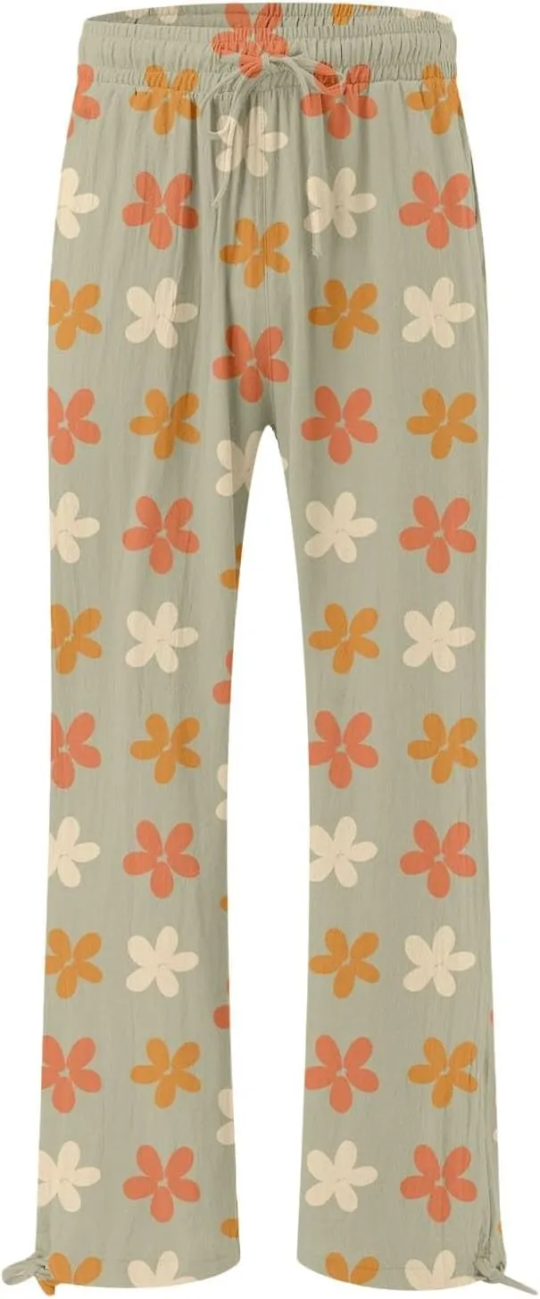 Women's Boho Tropical Print Wide Leg Pants Womens Cotton Casual Loose Pants Comfy Work Pants with Pockets Elastic