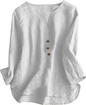 Women's Button Shirts Linen Roll up Sleeve V-Neck Trendy Shirt Casual Loose Fit Business Work Blouses Tops