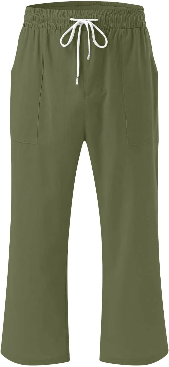 Womens Casual Capri Trousers Linen Drawstring Pocket Elastic Waisted Pants Loose Wide Leg Straight Leg Cycling Trousers