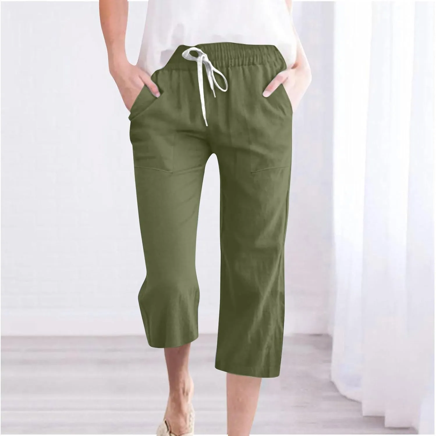 Womens Casual Capri Trousers Linen Drawstring Pocket Elastic Waisted Pants Loose Wide Leg Straight Leg Cycling Trousers