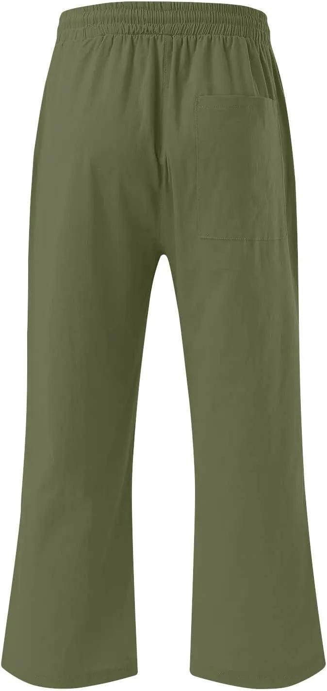 Womens Casual Capri Trousers Linen Drawstring Pocket Elastic Waisted Pants Loose Wide Leg Straight Leg Cycling Trousers