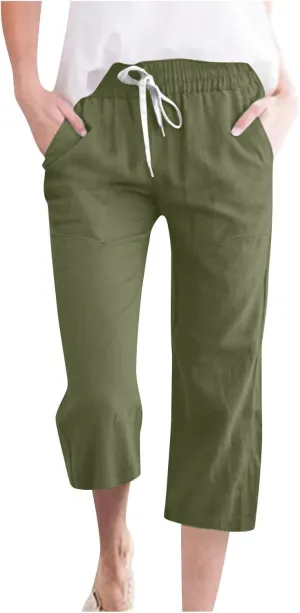 Womens Casual Capri Trousers Linen Drawstring Pocket Elastic Waisted Pants Loose Wide Leg Straight Leg Cycling Trousers
